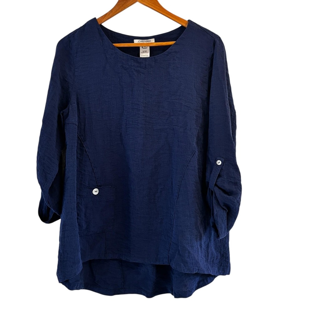 John Mark Linen Blend Tunic Top Womens M Navy Blue Lagenlook Coastal Beach